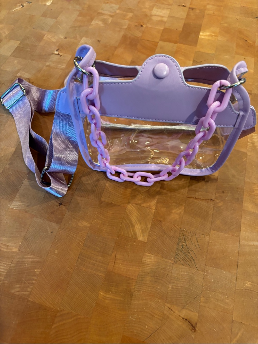 Clear Crossbody Bag with Lilac Trim and Chain
